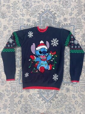 Disney Navy Crewneck Sweater with Stitch Holiday Lights